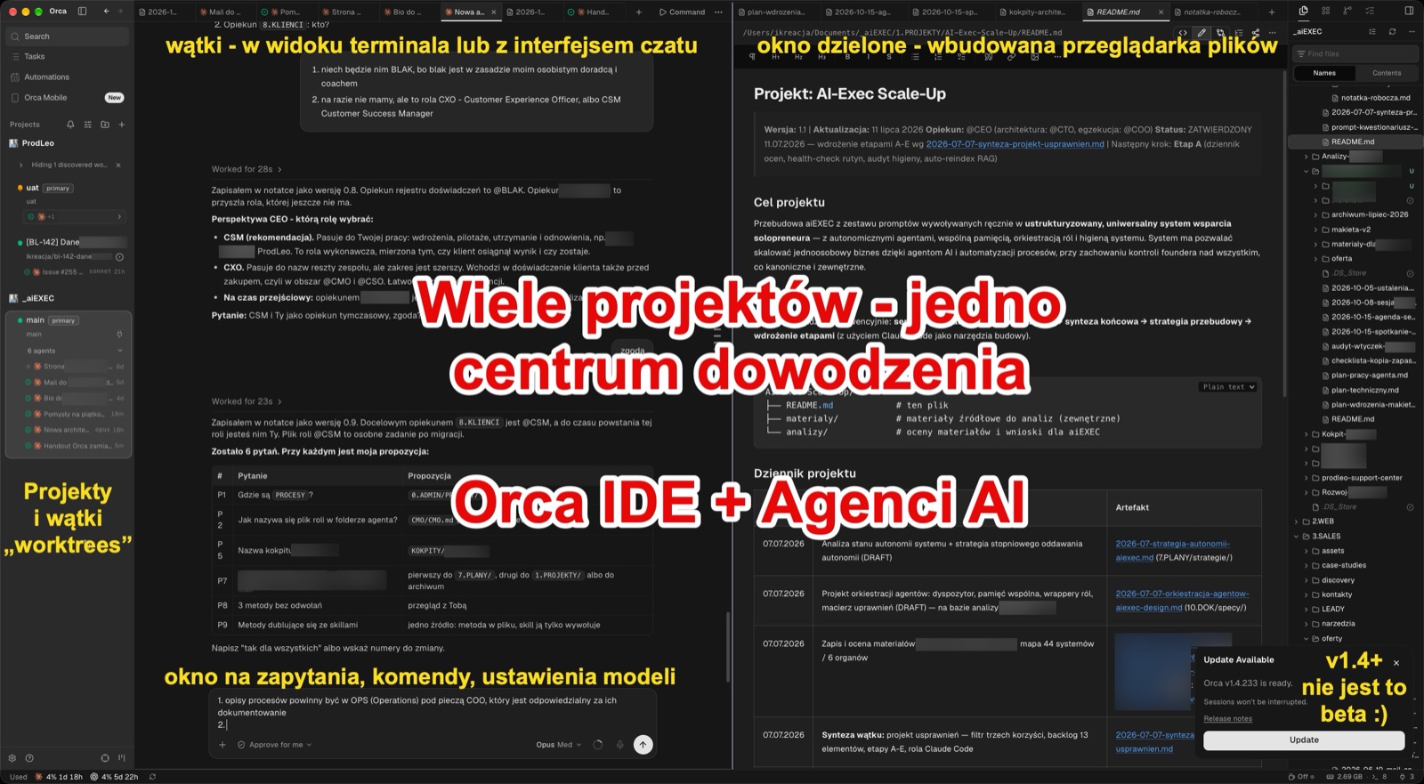 Orca: po lewej projekty i wątki z agentami, w środku rozmowa z agentem, po prawej podgląd pliku