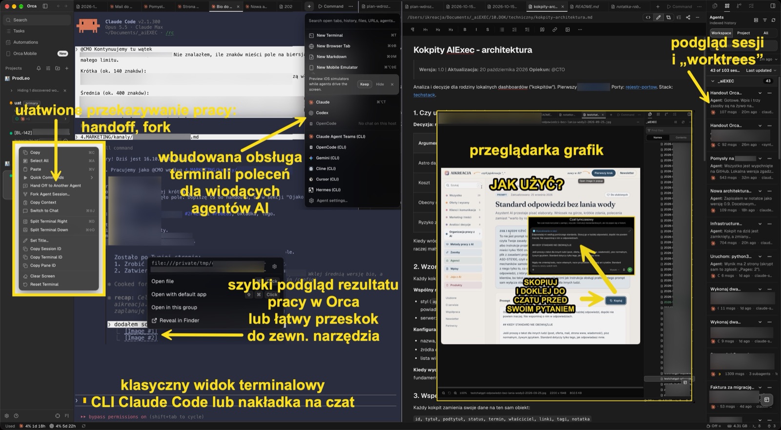 Orca: klasyczny widok pracy agenta, lista dostępnych agentów AI, przekazywanie pracy innemu agentowi i podgląd grafiki