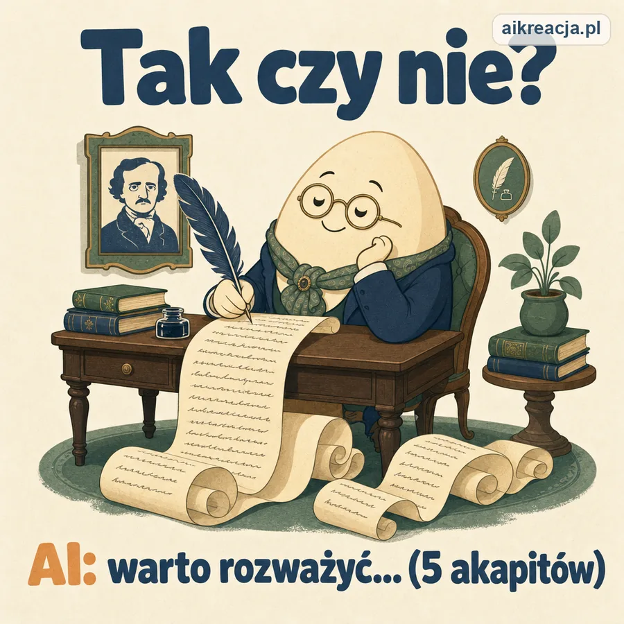 Jajko-maskotka w okularach i szalu, jak dziewiętnastowieczny pisarz, pisze gęsim piórem na zwoju papieru, który spływa z biurka na podłogę. Napis: Tak czy nie? AI: warto rozważyć... (5 akapitów).