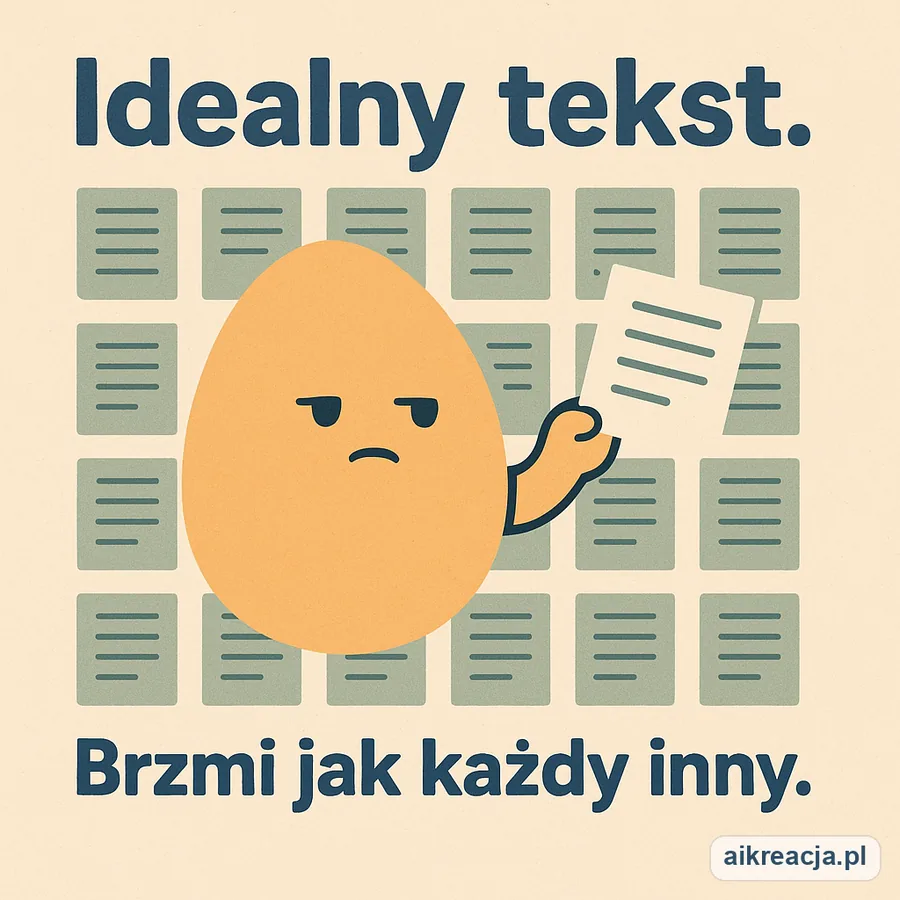 Jajko-maskotka ze znudzoną miną trzyma jedną kartkę pośród wielu identycznych, szarych stron. Napis: Idealny tekst. Brzmi jak każdy inny.
