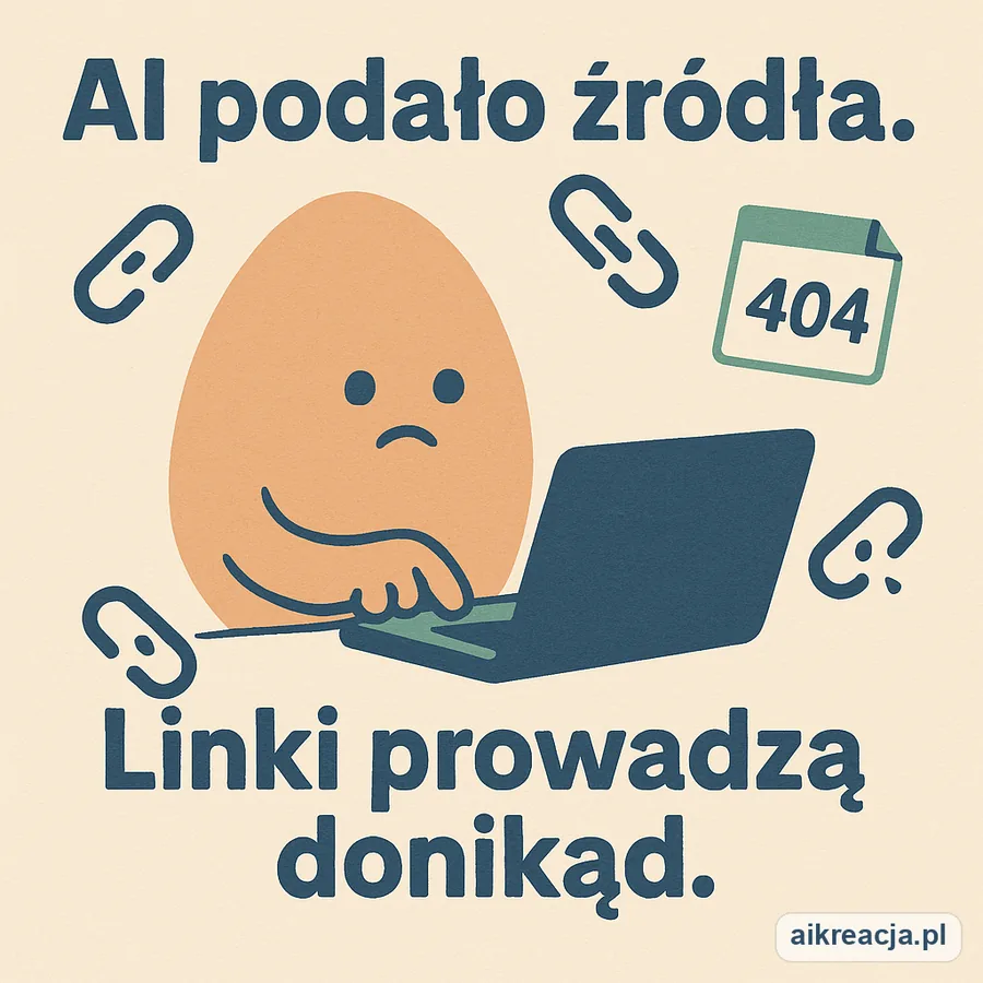 Jajko-maskotka przy laptopie, wokół połamane ogniwa łańcucha i kartka z napisem 404. Napis: AI podało źródła. Linki prowadzą donikąd.