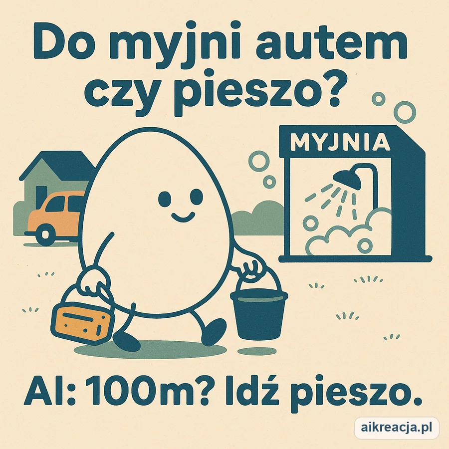 Jajko-maskotka idzie pieszo z wiadrem i gąbką w stronę myjni, a jego auto zostało zaparkowane pod domem w tle. Napis: Do myjni autem czy pieszo? AI: 100m? Idź pieszo.