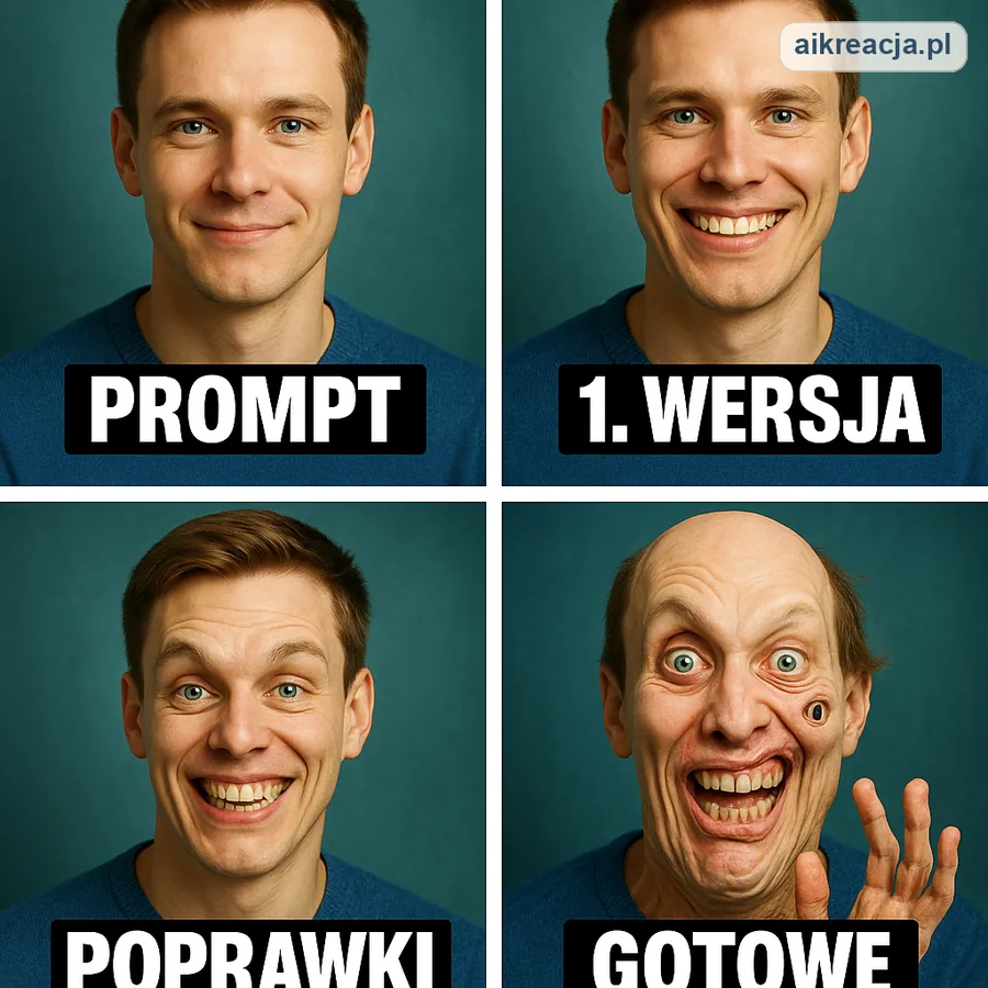 Mem z czterech kadrów: ten sam portret coraz bardziej zniekształcony. Podpisy paneli: PROMPT (normalny), 1. WERSJA (za szeroki uśmiech), POPRAWKI (krzywo), GOTOWE (potwór z dodatkowym okiem i pokręconą dłonią).