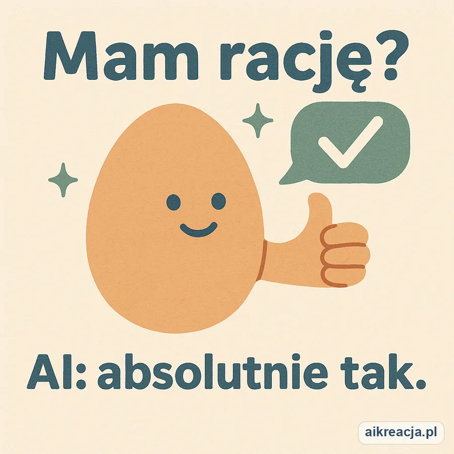 Jajko-maskotka z uniesionym kciukiem i dymkiem z ptaszkiem przytakuje na wszystko. Napis: Mam rację? AI: absolutnie tak.