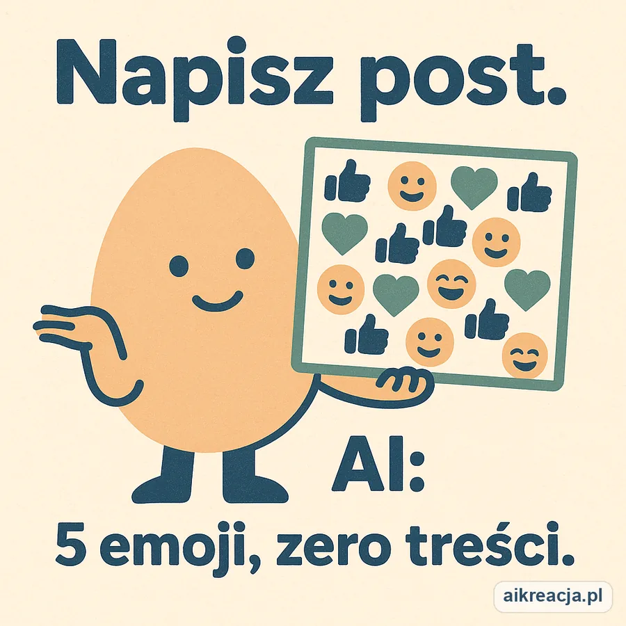 Jajko-maskotka wzrusza ramionami, trzyma tablicę posta zasypaną emoji bez treści. Napis: Napisz post. AI: 5 emoji, zero treści.