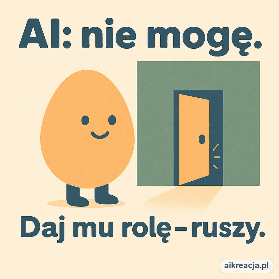 Jajko-maskotka stoi przed ścianą, obok uchylone świecące drzwi jako wyjście. Napis: AI: nie mogę. Daj mu rolę - ruszy.
