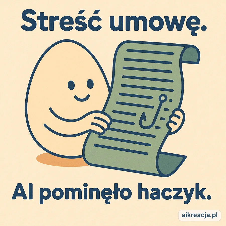 Jajko-maskotka czyta zwój umowy, w którym ukryty jest haczyk wędkarski. Napis: Streść umowę. AI pominęło haczyk.