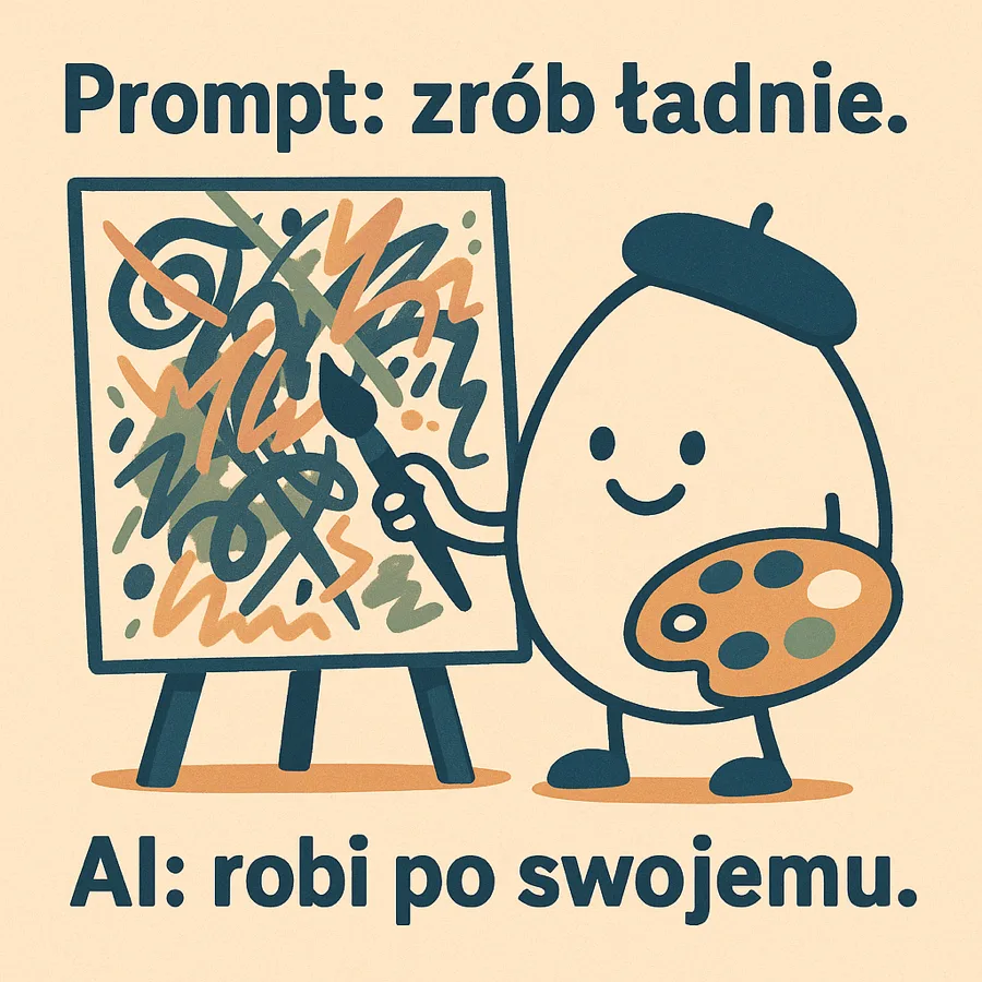 Jajko-maskotka w berecie malarza z paletą maluje chaotyczne abstrakcyjne bazgroły. Napis: Prompt: zrób ładnie. AI: robi po swojemu.